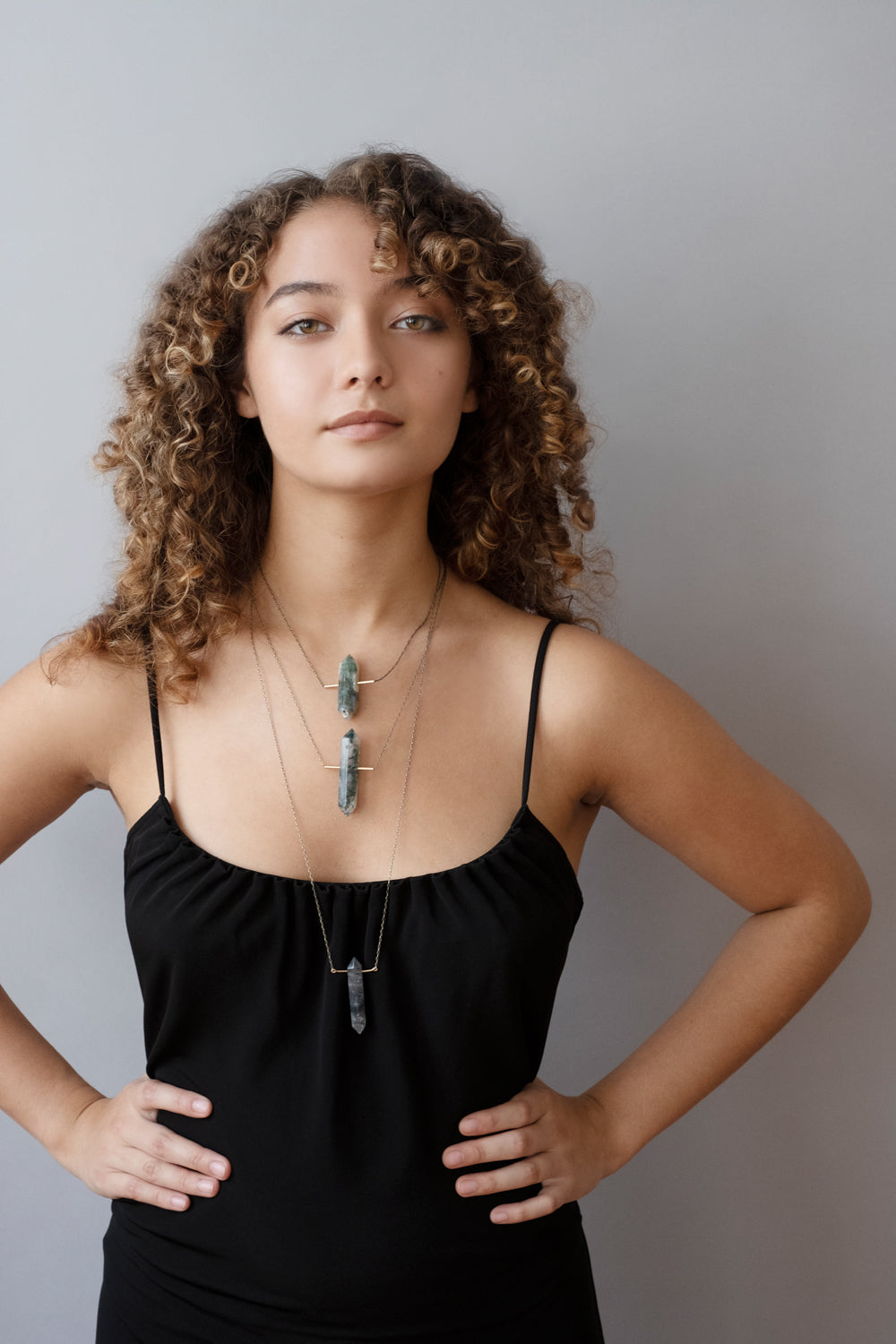 Model wearing Moss Agate Points