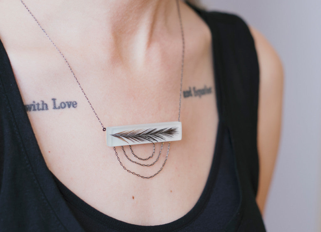 Model wearing feather necklace