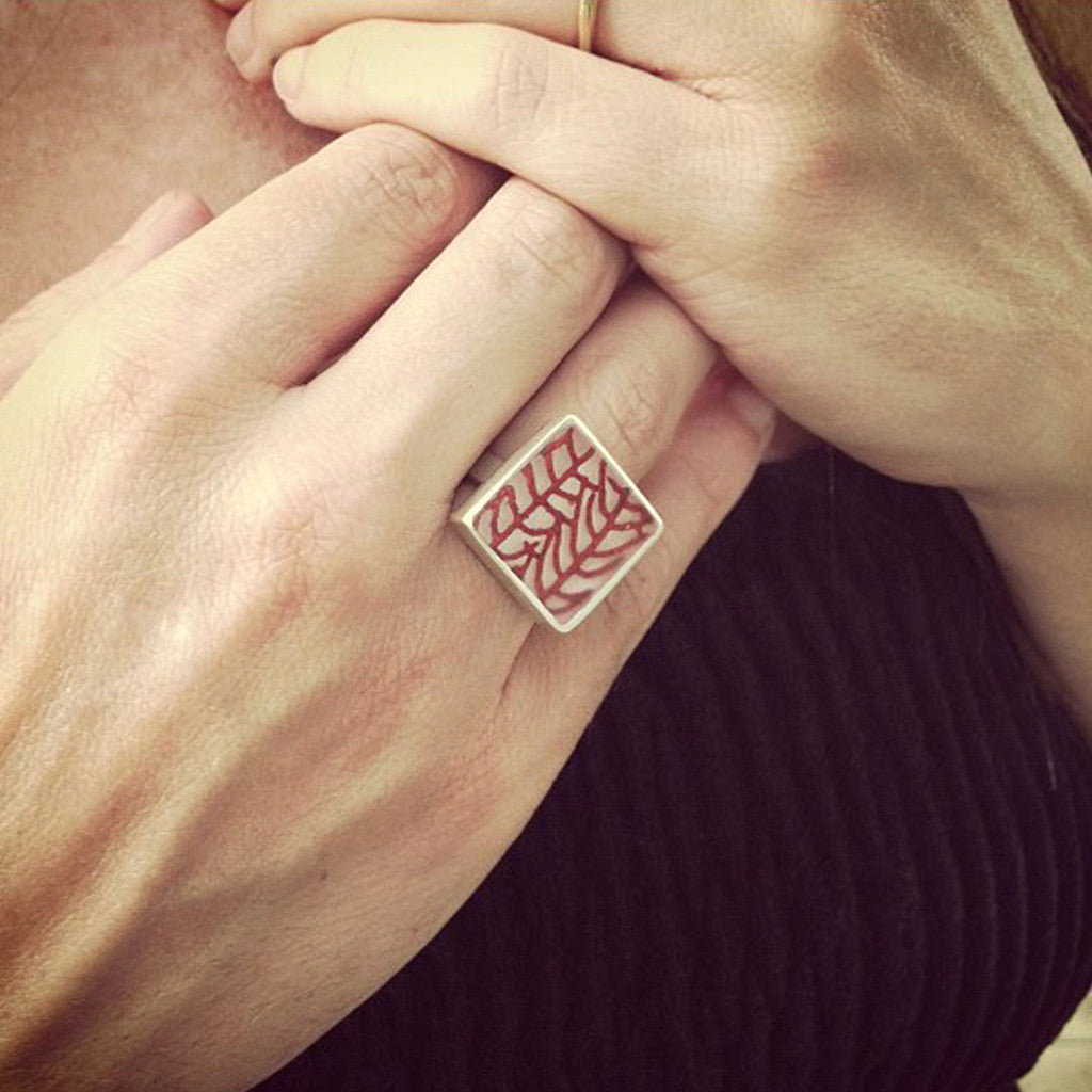 Model wearing sea fan coral ring